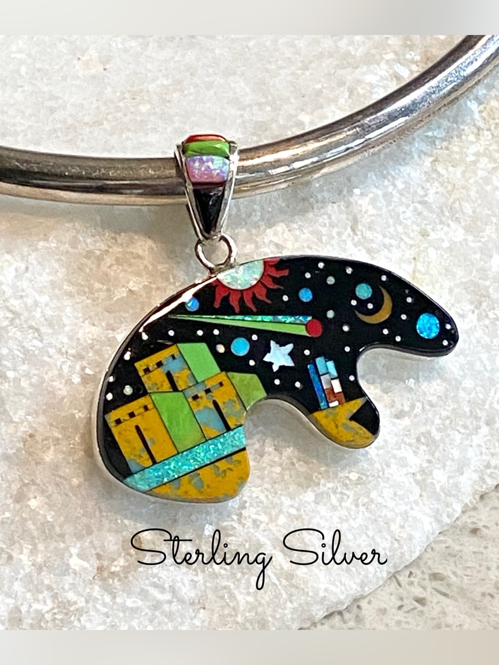 Sterling Silver - Inlay bear pendant w/ pueblo and night sky design - Picture 5 of 13